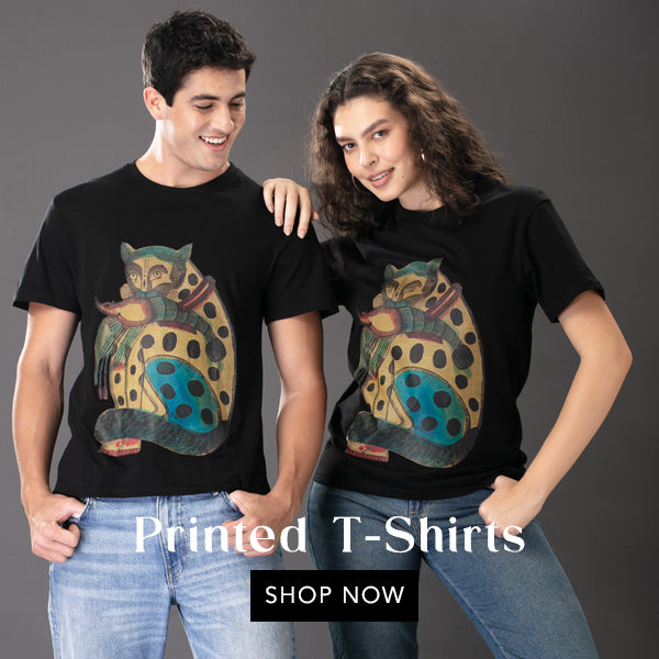 Image of a male and female model posing in a black t-shirt featuring Cats With Lobster by unknown artist