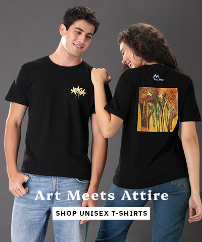 Image of male and female model wearing printed unisex tshirts featuring KG Subramaniam's flower